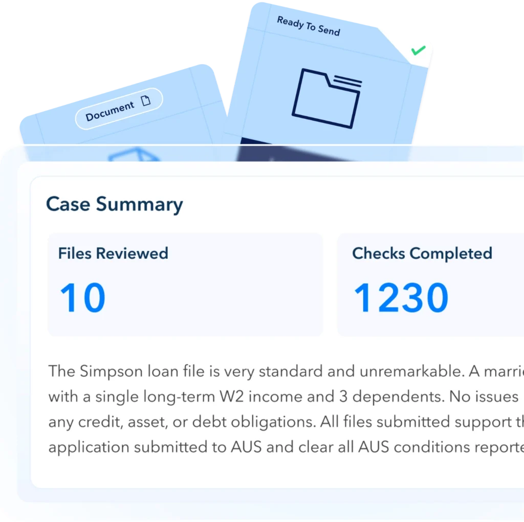 AI-generated loan file summary with document review results and completed validation checks.