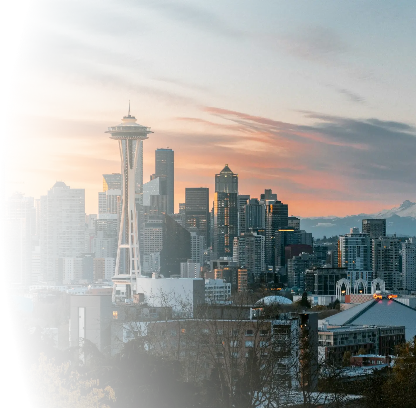 Seattle city skyline with the Space Needle and Mount Rainier